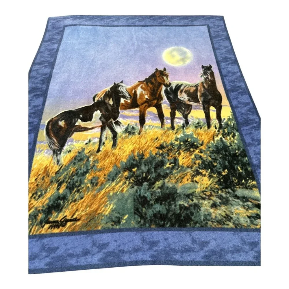 Vintage James Meger Horses Under the Moon Throw Blanket 64x48 Western Wildlife A